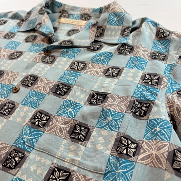 Island Republic Mens Silk Hawaiian Shirt Blue Geometric Patchwork Camp Large